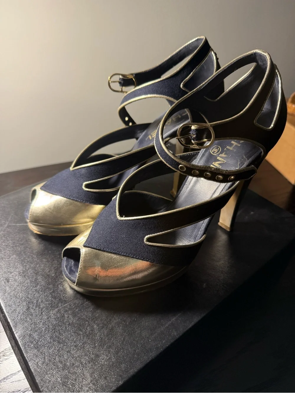 CHANEL Black and Gold Strappy High Heel Sandals